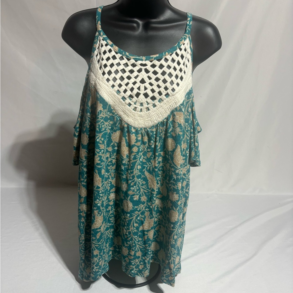 Cato, Crocheted/Lace Cold Shoulder Teal and Cream Patterned Boho Blouse Size XL